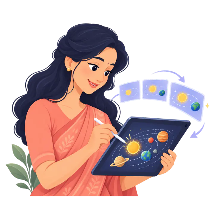 A teacher sketches the solar system on a tablet as the planets come to life