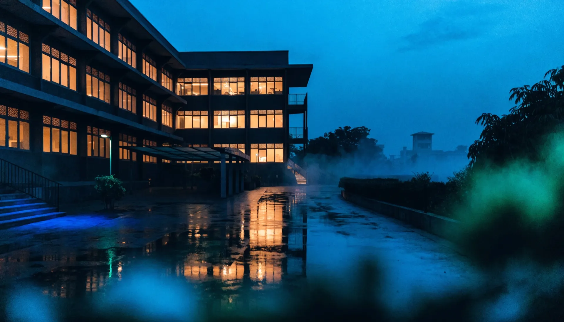 Students arriving at a school campus in the morning