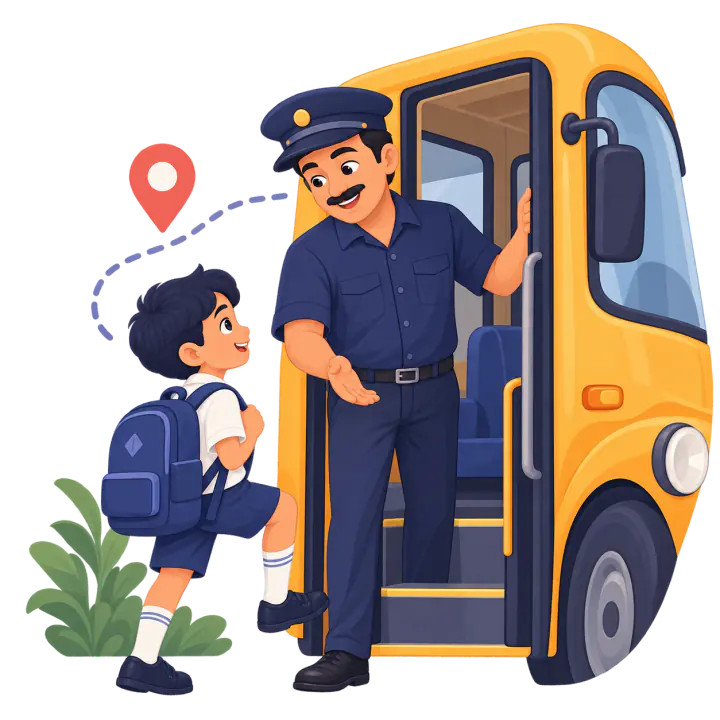 A bus driver greets a schoolboy at the door of a yellow school bus